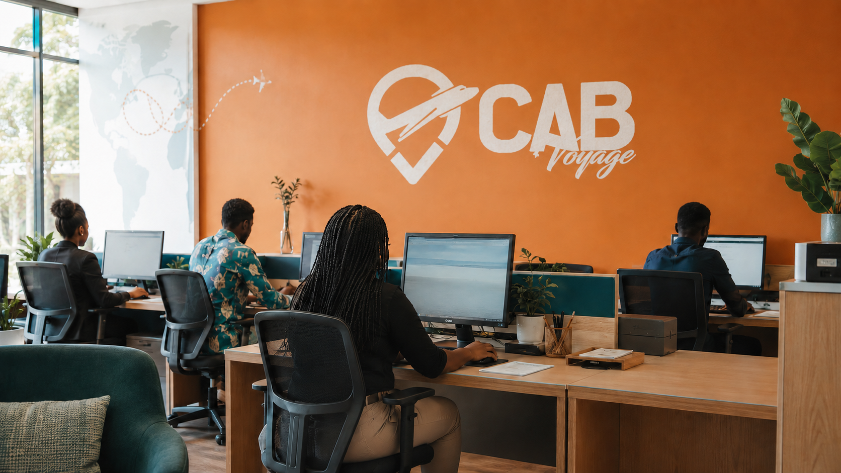 Equipe da Cab Voyage atendendo em uma agência de viagens